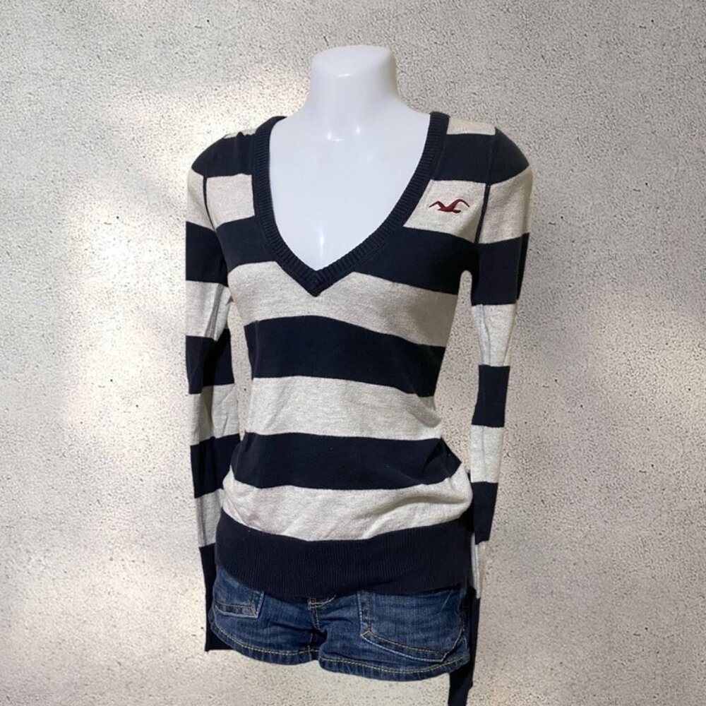 Blue & Grey Striped V-Neck Sweater
